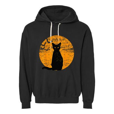 Vintage Scary Halloween Black Cat Costume Retro Moon Cat Mom Garment-Dyed Fleece Hoodie