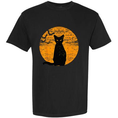 Vintage Scary Halloween Black Cat Costume Retro Moon Cat Mom Garment-Dyed Heavyweight T-Shirt