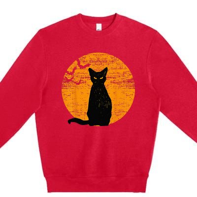 Vintage Scary Halloween Black Cat Costume Retro Moon Cat Mom Premium Crewneck Sweatshirt