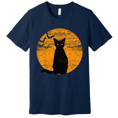 Vintage Scary Halloween Black Cat Costume Retro Moon Cat Mom Premium T-Shirt