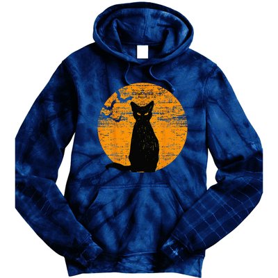 Vintage Scary Halloween Black Cat Costume Retro Moon Cat Mom Tie Dye Hoodie