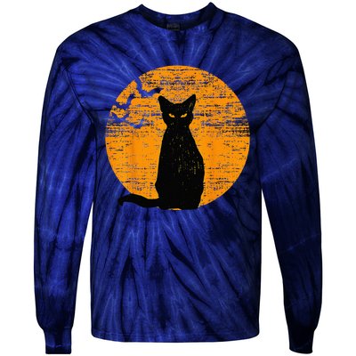 Vintage Scary Halloween Black Cat Costume Retro Moon Cat Mom Tie-Dye Long Sleeve Shirt