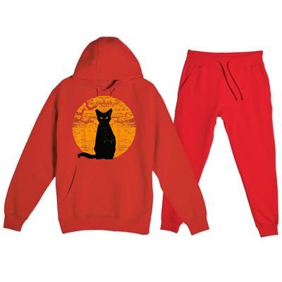 Vintage Scary Halloween Black Cat Costume Retro Moon Cat Mom Premium Hooded Sweatsuit Set