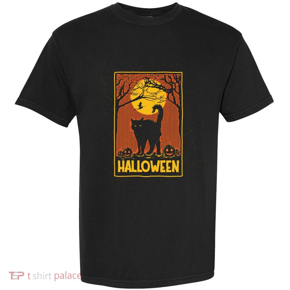 Vintage Scary Halloween Black Cat Costume Witch And Moon Cool Gift Garment-Dyed Heavyweight T-Shirt