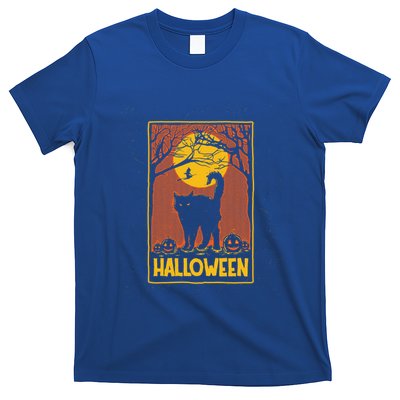 Vintage Scary Halloween Black Cat Costume Witch And Moon Cool Gift T-Shirt