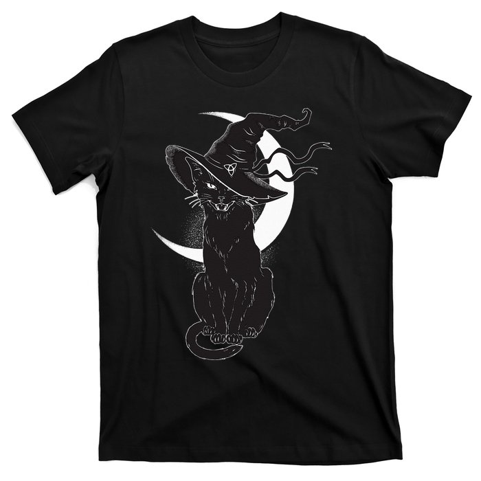 Vintage Scary Halloween Black Cat Costume Witch Hat & Moon T-Shirt