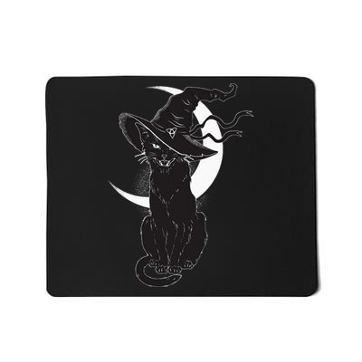 Vintage Scary Halloween Black Cat Costume Witch Hat & Moon Mousepad