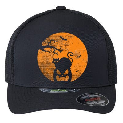 Vintage Scary Halloween Pumpkin Cat Costume Retro Cat Moon Flexfit Unipanel Trucker Cap