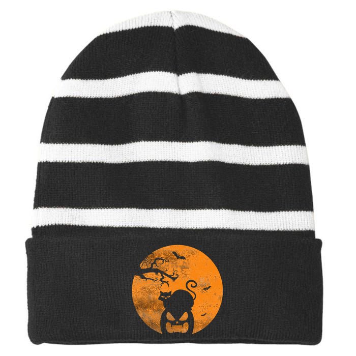 Vintage Scary Halloween Pumpkin Cat Costume Retro Cat Moon Striped Beanie with Solid Band