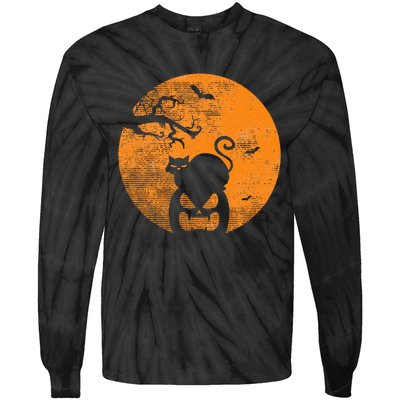 Vintage Scary Halloween Pumpkin Cat Costume Retro Cat Moon Tie-Dye Long Sleeve Shirt