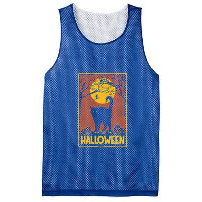 Vintage Scary Halloween Black Cat Costume Witch And Moon Cute Gift Mesh Reversible Basketball Jersey Tank