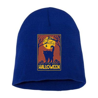 Vintage Scary Halloween Black Cat Costume Witch And Moon Cute Gift Short Acrylic Beanie