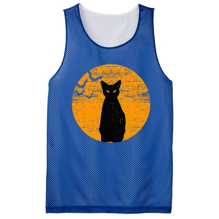 Vintage Scary Halloween Black Cat Costume Retro Moon Cat Mom Mesh Reversible Basketball Jersey Tank