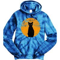 Vintage Scary Halloween Black Cat Costume Retro Moon Cat Mom Tie Dye Hoodie