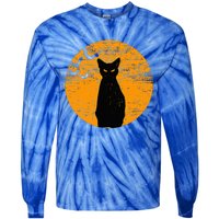 Vintage Scary Halloween Black Cat Costume Retro Moon Cat Mom Tie-Dye Long Sleeve Shirt