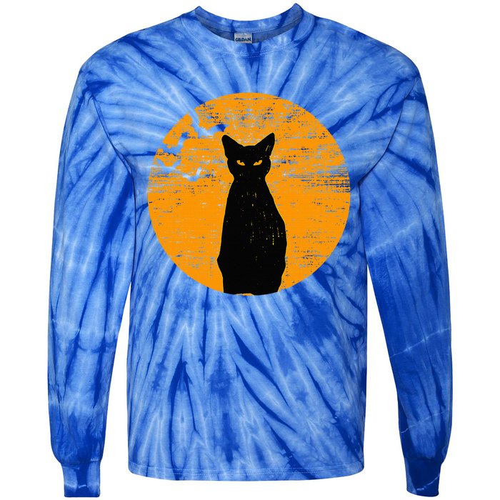 Vintage Scary Halloween Black Cat Costume Retro Moon Cat Mom Tie-Dye Long Sleeve Shirt