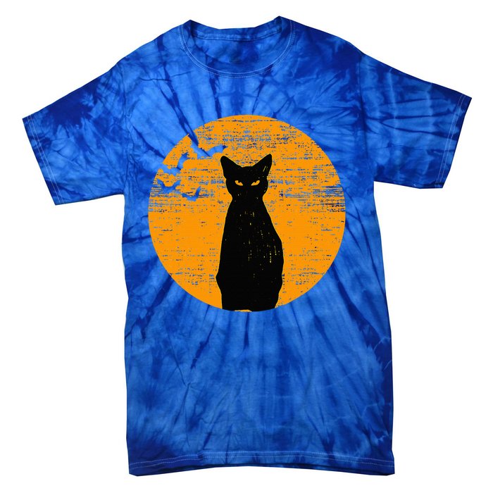 Vintage Scary Halloween Black Cat Costume Retro Moon Cat Mom Tie-Dye T-Shirt