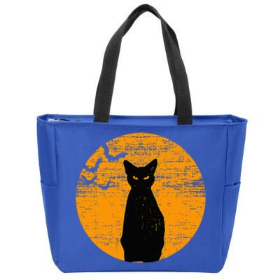 Vintage Scary Halloween Black Cat Costume Retro Moon Cat Mom Zip Tote Bag