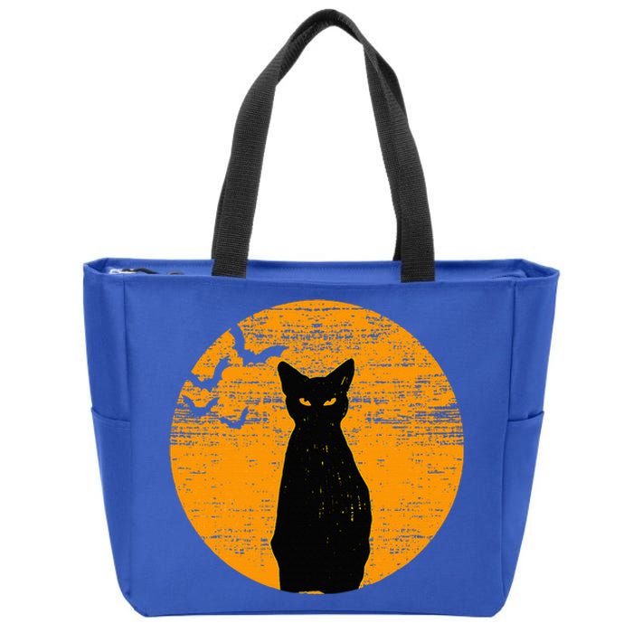 Vintage Scary Halloween Black Cat Costume Retro Moon Cat Mom Zip Tote Bag