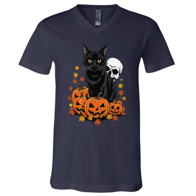 Vintage Scary Halloween Black Cat Lovers Pumpkin Costume V-Neck T-Shirt