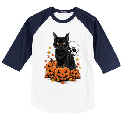 Vintage Scary Halloween Black Cat Lovers Pumpkin Costume Baseball Sleeve Shirt