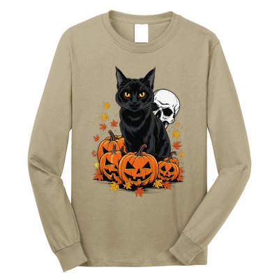 Vintage Scary Halloween Black Cat Lovers Pumpkin Costume Long Sleeve Shirt