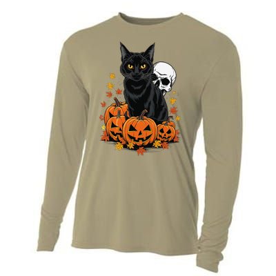 Vintage Scary Halloween Black Cat Lovers Pumpkin Costume Cooling Performance Long Sleeve Crew