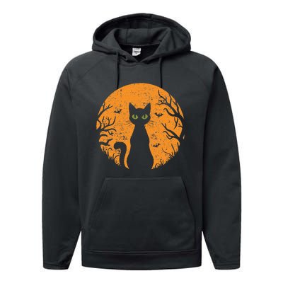 Vintage Scary Halloween Cat Costume Retro Cat Moon Gift Performance Fleece Hoodie