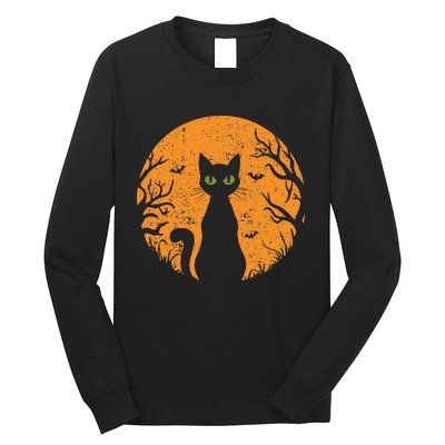 Vintage Scary Halloween Cat Costume Retro Cat Moon Gift Long Sleeve Shirt