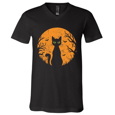 Vintage Scary Halloween Cat Costume Retro Cat Moon Gift V-Neck T-Shirt