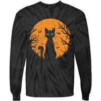 Vintage Scary Halloween Cat Costume Retro Cat Moon Gift Tie-Dye Long Sleeve Shirt