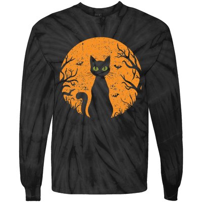 Vintage Scary Halloween Cat Costume Retro Cat Moon Gift Tie-Dye Long Sleeve Shirt