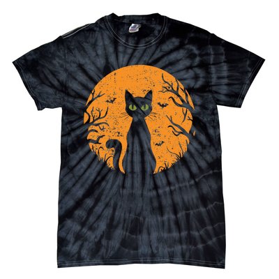 Vintage Scary Halloween Cat Costume Retro Cat Moon Gift Tie-Dye T-Shirt