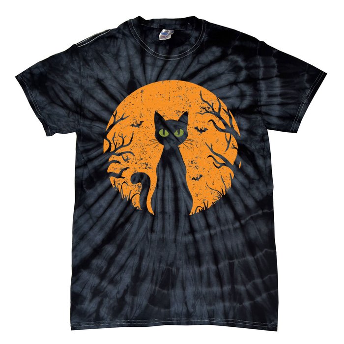 Vintage Scary Halloween Cat Costume Retro Cat Moon Gift Tie-Dye T-Shirt