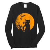 Vintage Scary Halloween Costume Black Cat Retro Moon Cat Mom Long Sleeve Shirt