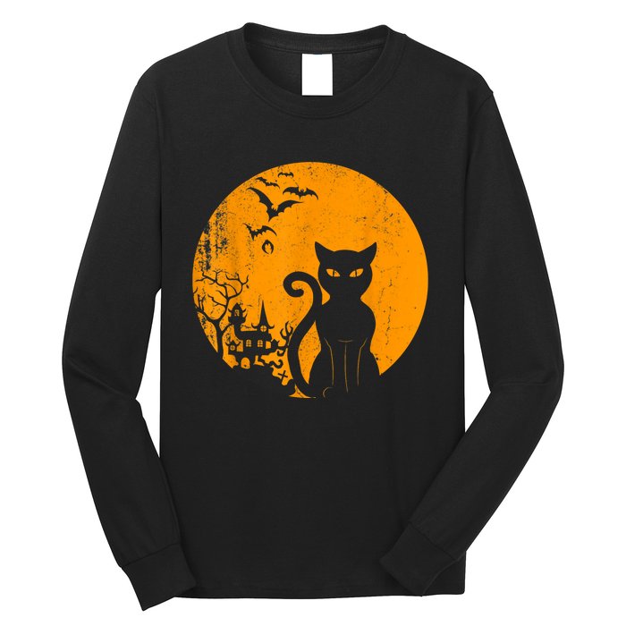 Vintage Scary Halloween Costume Black Cat Retro Moon Cat Mom Long Sleeve Shirt