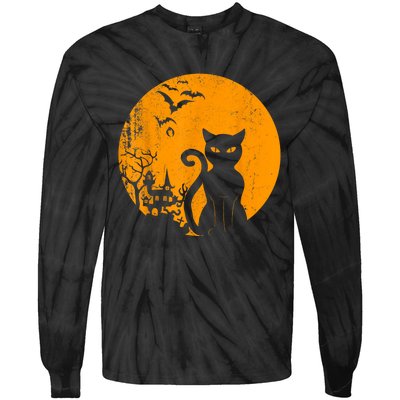 Vintage Scary Halloween Costume Black Cat Retro Moon Cat Mom Tie-Dye Long Sleeve Shirt