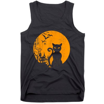 Vintage Scary Halloween Costume Black Cat Retro Moon Cat Mom Tank Top