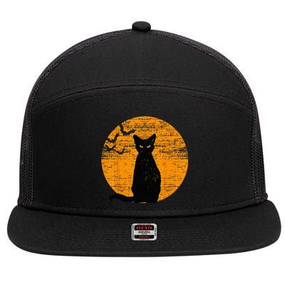 Vintage Scary Halloween Black Cat Costume Retro Moon Cat Mom 7 Panel Mesh Trucker Snapback Hat