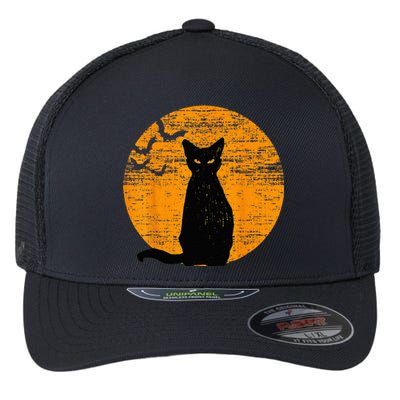 Vintage Scary Halloween Black Cat Costume Retro Moon Cat Mom Flexfit Unipanel Trucker Cap