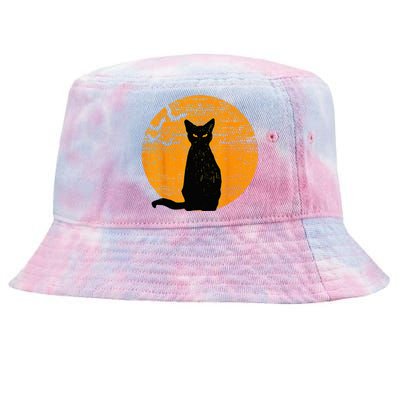 Vintage Scary Halloween Black Cat Costume Retro Moon Cat Mom Tie-Dyed Bucket Hat