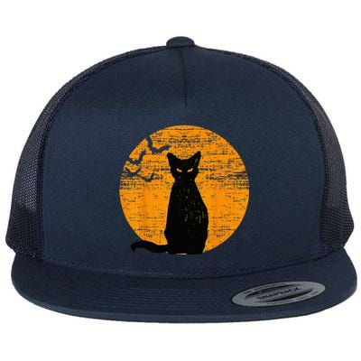 Vintage Scary Halloween Black Cat Costume Retro Moon Cat Mom Flat Bill Trucker Hat