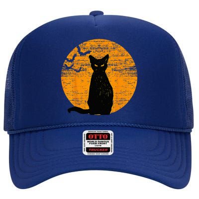 Vintage Scary Halloween Black Cat Costume Retro Moon Cat Mom High Crown Mesh Back Trucker Hat