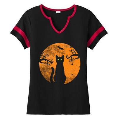 Vintage Scary Halloween Cat Costume Retro Cat Moon Ladies Halftime Notch Neck Tee