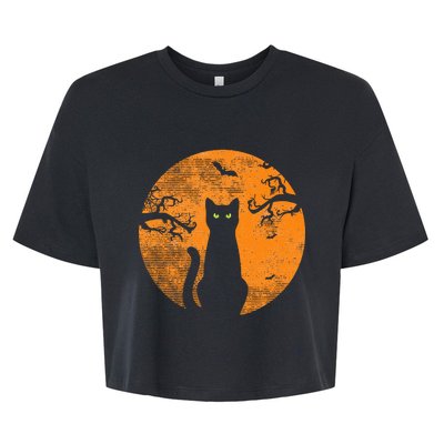 Vintage Scary Halloween Cat Costume Retro Cat Moon Bella+Canvas Jersey Crop Tee