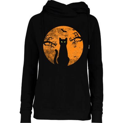 Vintage Scary Halloween Cat Costume Retro Cat Moon Womens Funnel Neck Pullover Hood