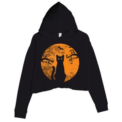 Vintage Scary Halloween Cat Costume Retro Cat Moon Crop Fleece Hoodie