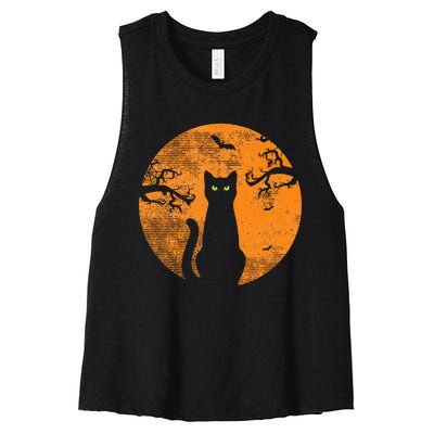 Vintage Scary Halloween Cat Costume Retro Cat Moon Women's Racerback Cropped Tank