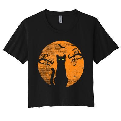 Vintage Scary Halloween Cat Costume Retro Cat Moon Women's Crop Top Tee