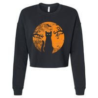 Vintage Scary Halloween Cat Costume Retro Cat Moon Cropped Pullover Crew